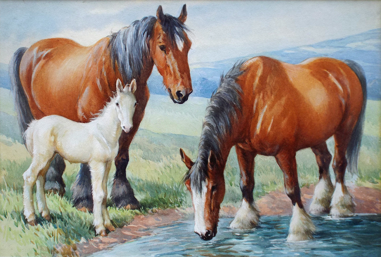 Albert Ernest Kennedy Horses drinking from a stream