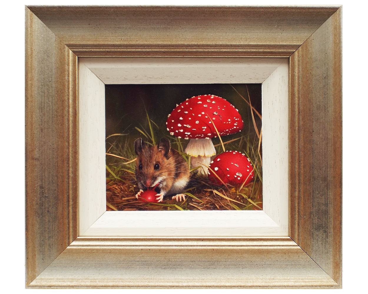 Carl Whitfield, Harvest Mouse feeding near Toadstools- Framed
